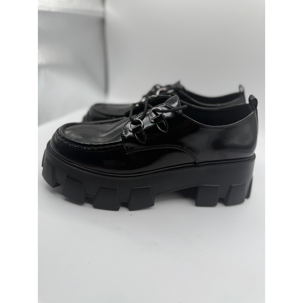 Platform Loafers Lug Sole Chunky Heel Buckle Accents Black US 11 EU 42